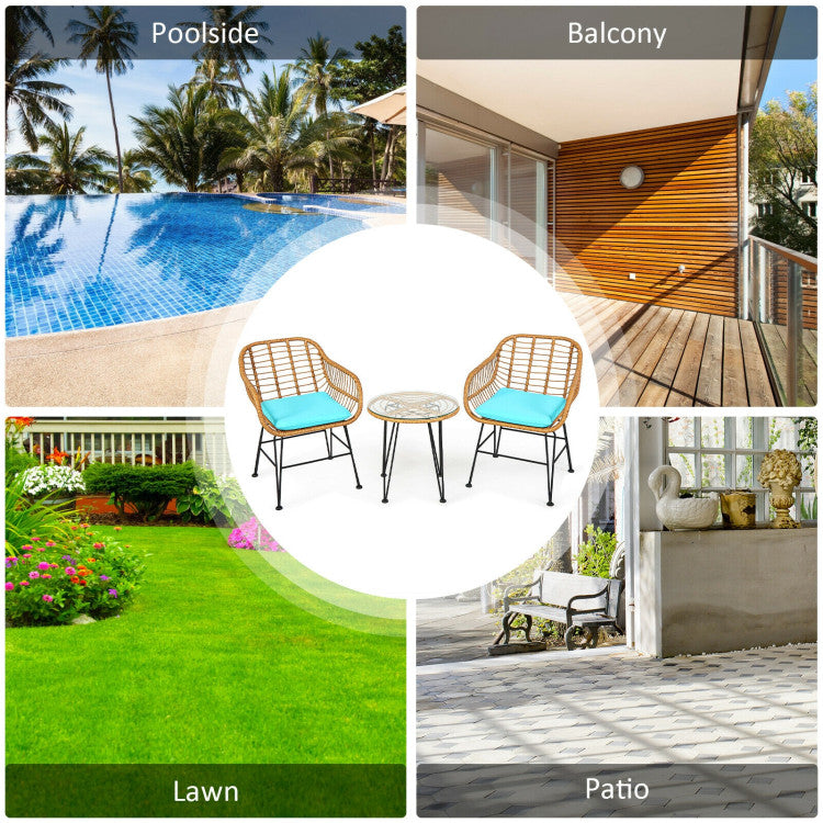 3 Pieces Rattan Furniture Set With Cushioned Chair Table