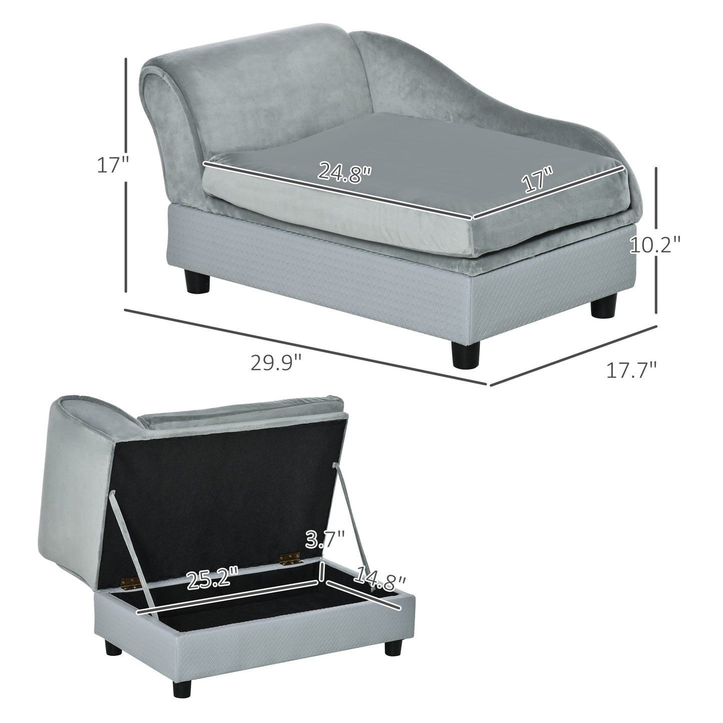 Luxury Dog Bed For Small Dogs, Hidden Storage, Soft Foam Couch, Modern Pet Furniture, Gray